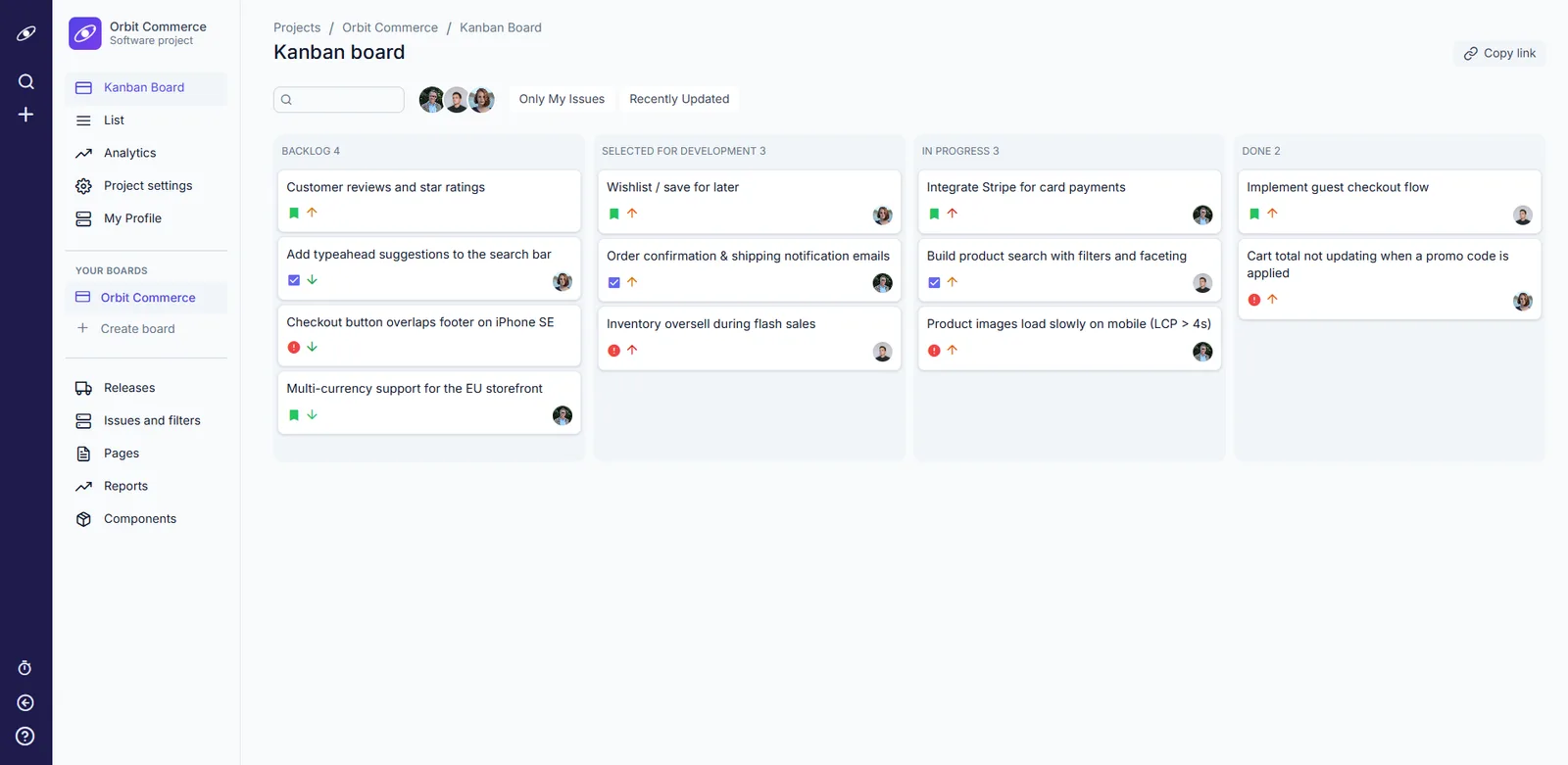 Orbit's Kanban board with issues across four columns